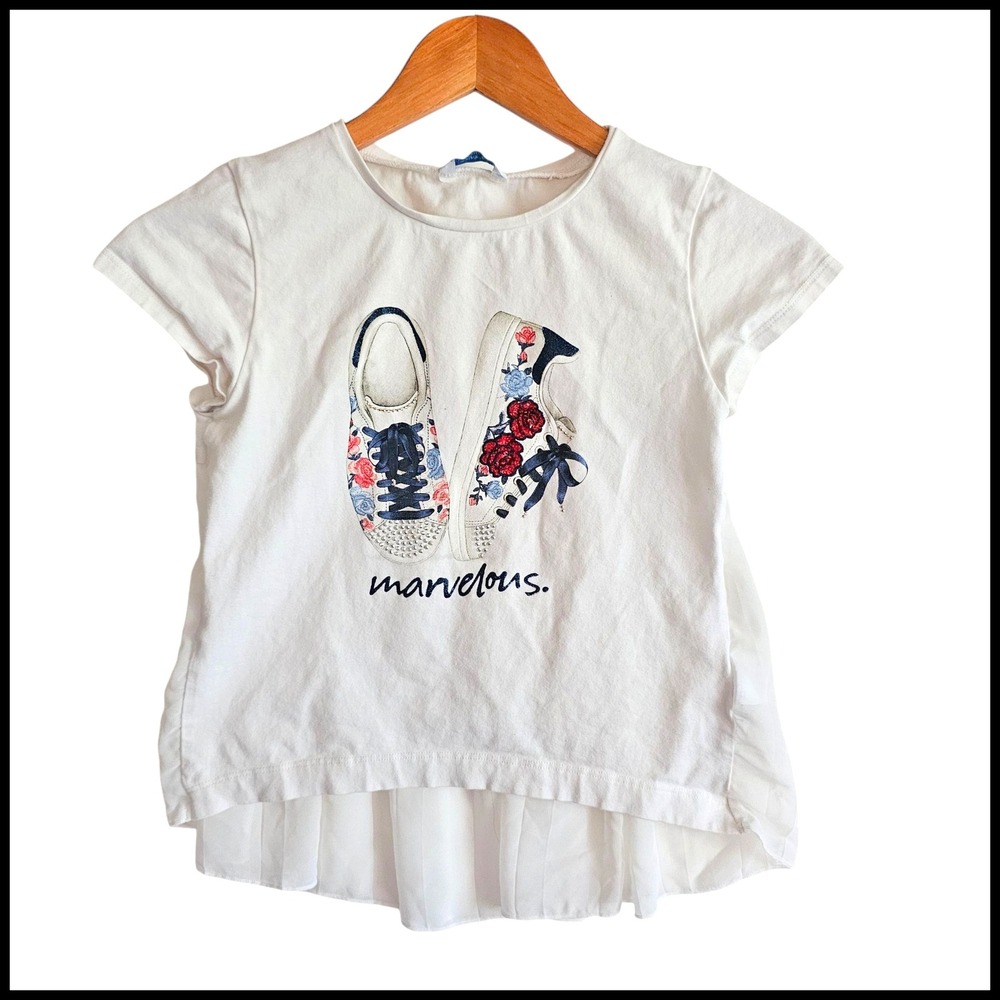Mayoral Girls' Top Floral Sneakers Graphic Tulle Hem White Size 12